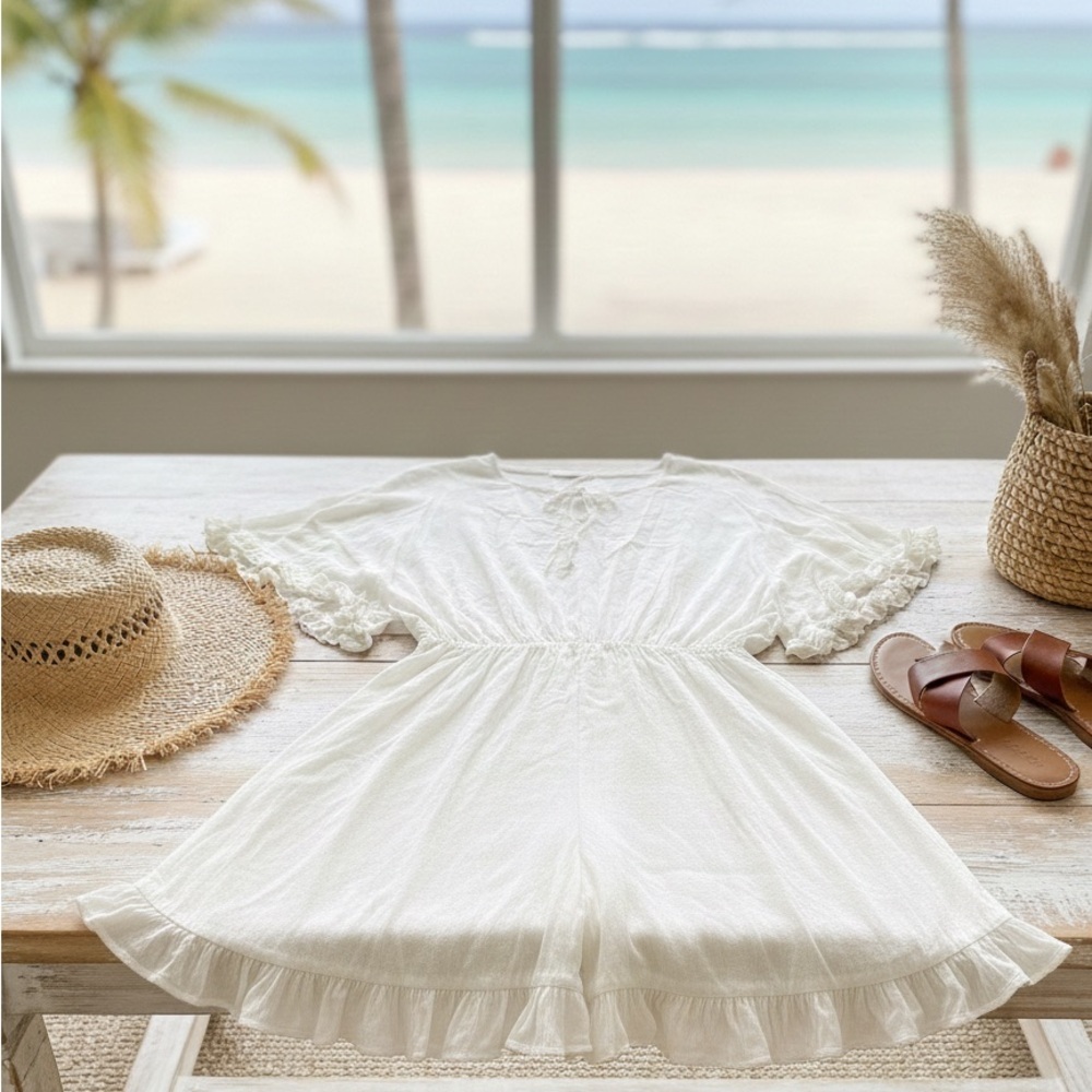 Indah 100% Cotton Boho Ruffle dress in Cream - Size Medium